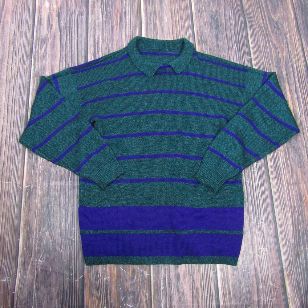 Vintage Sweater Mens Medium Green Collared Acrylic Knit Pullover Striped USA 90s